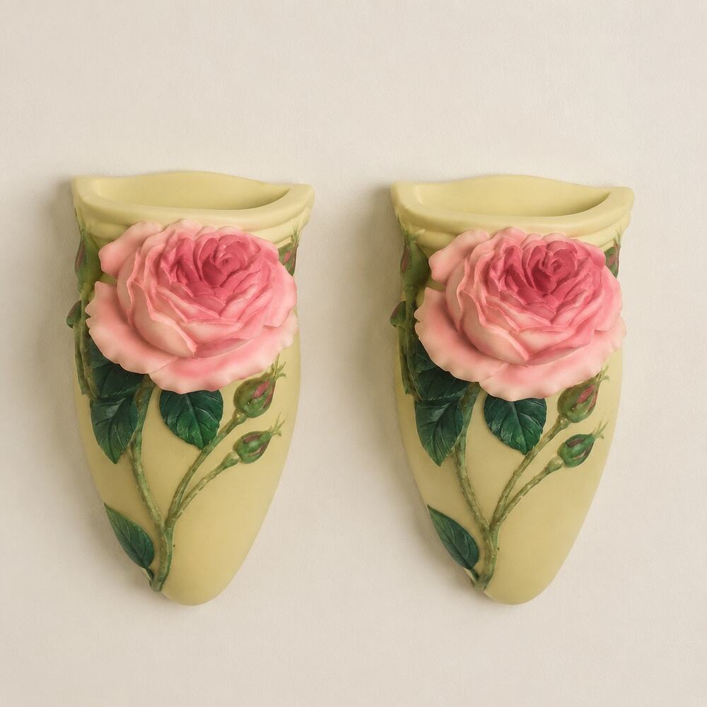 2 Vintage English Rose Iris and orchid design wall pockets w/floral